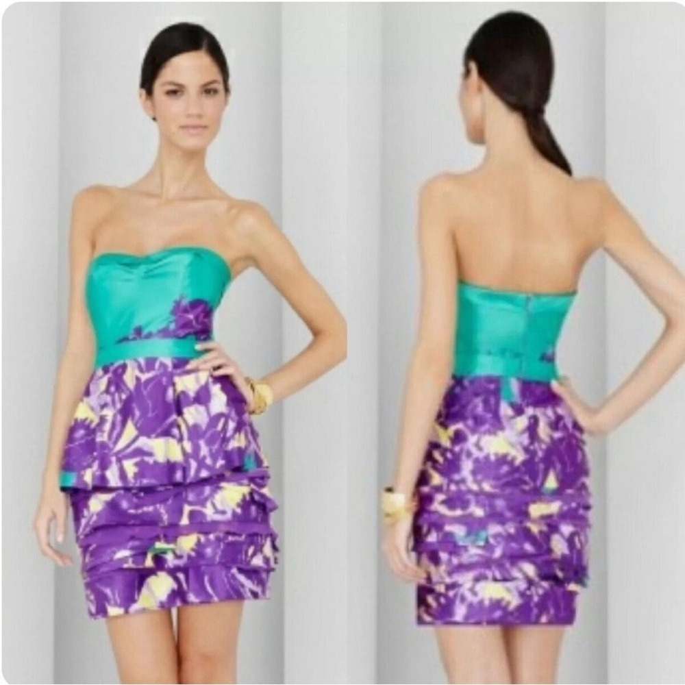 NWT $268 BCBG Maxazria Size 0 Ultraviolet Colorful Layered Strapless Party Dress